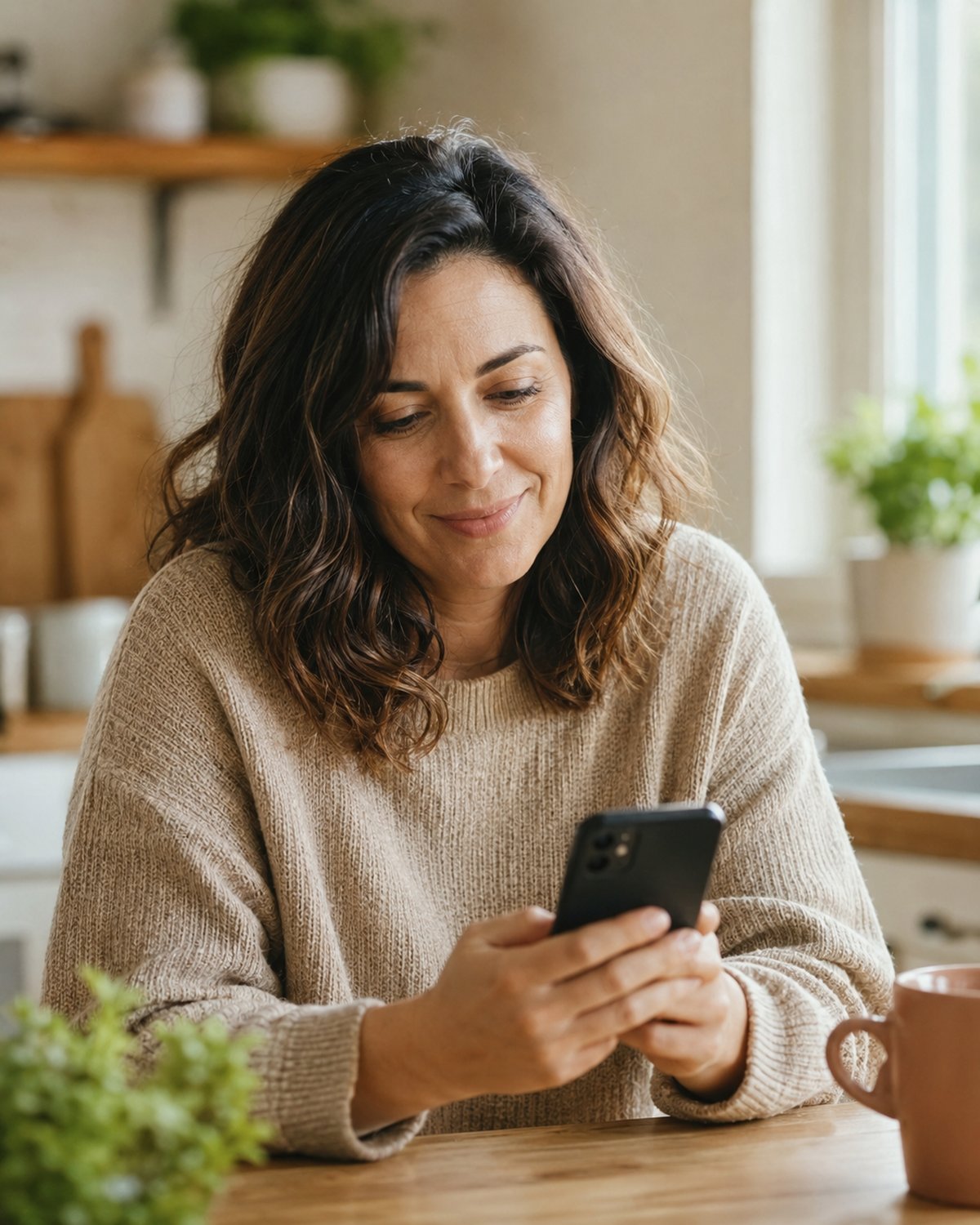 Photo of a woman smiling softly while reading her lab results on a smartphone, feeling reassured at home