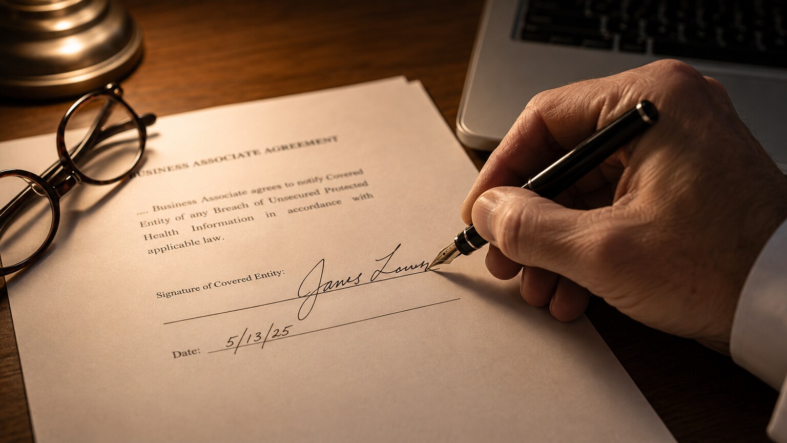 Physician's hand signing a printed Business Associate Agreement cover page at a desk lamp-lit office desk