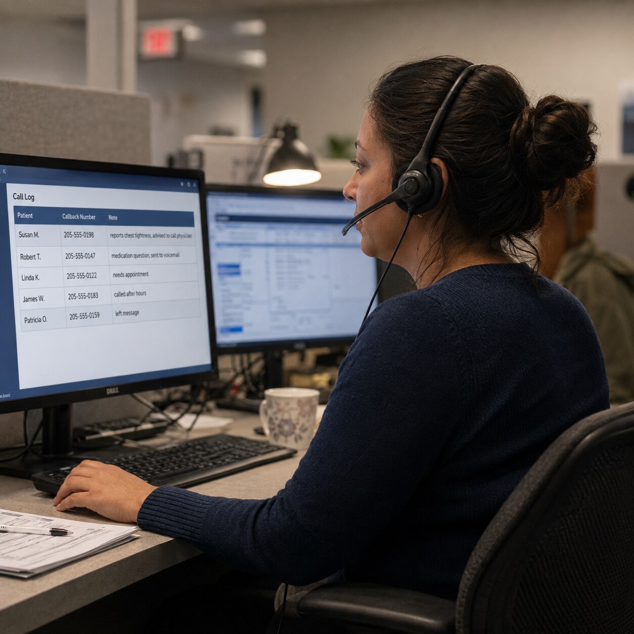 After-hours medical answering service operator wearing a headset beside a screen displaying a patient callback log
