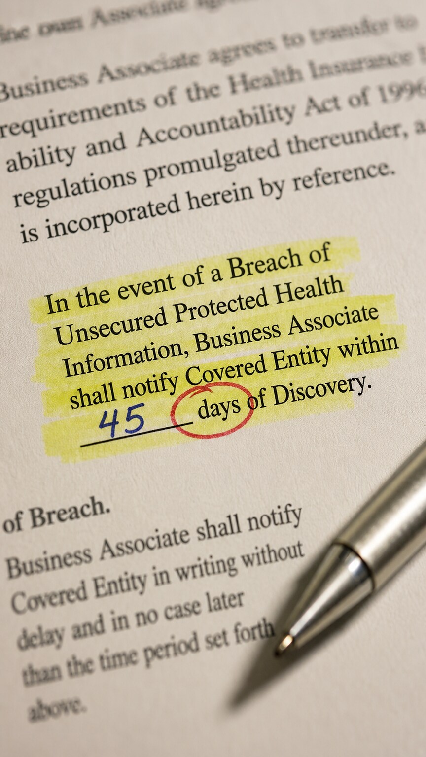 Close-up of a contract clause about breach notification timing with the number of days circled in red pen