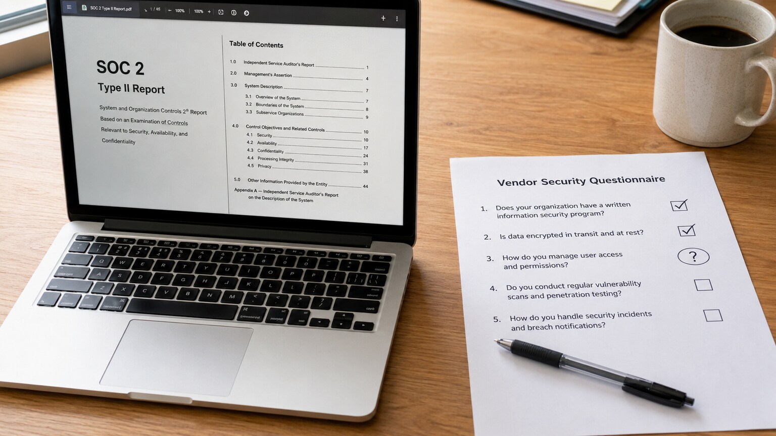Practice manager's desk with a laptop showing a vendor's SOC 2 report beside a printed, hand-filled vendor questionnaire
