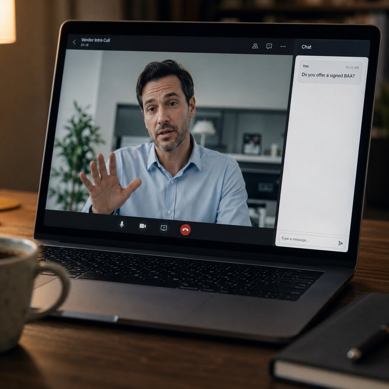 Laptop screen showing a vendor sales demo video call with a chat message asking about BAA availability left unanswered