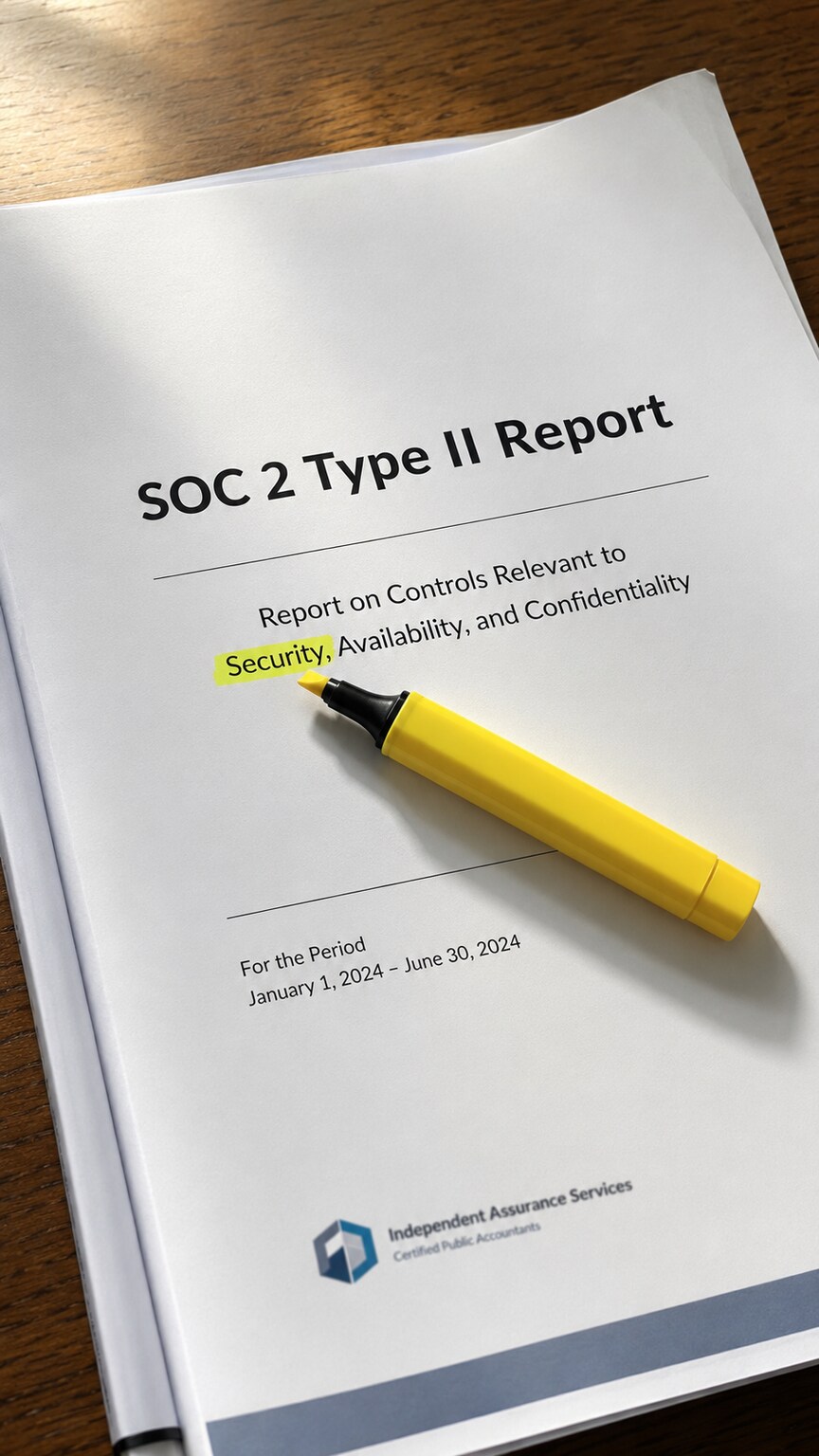 Cover page of a SOC 2 Type II audit report resting on a desk with security control section headers visible