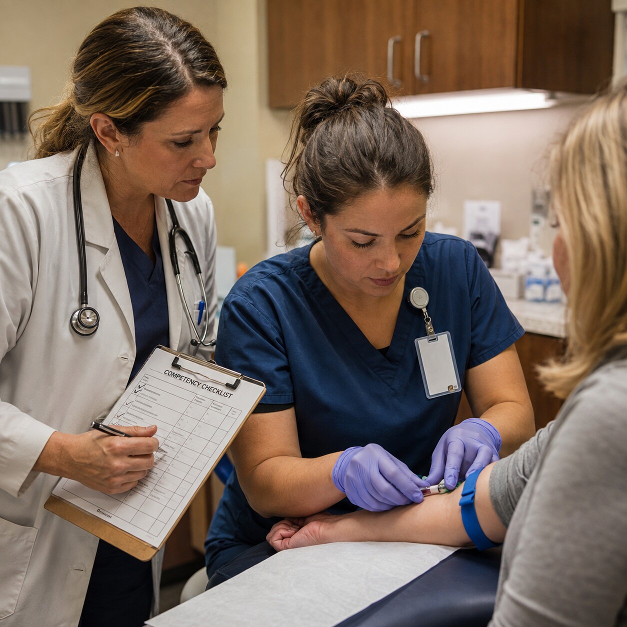 Physician observing and initialing a competency checklist while a medical assistant performs a supervised blood draw