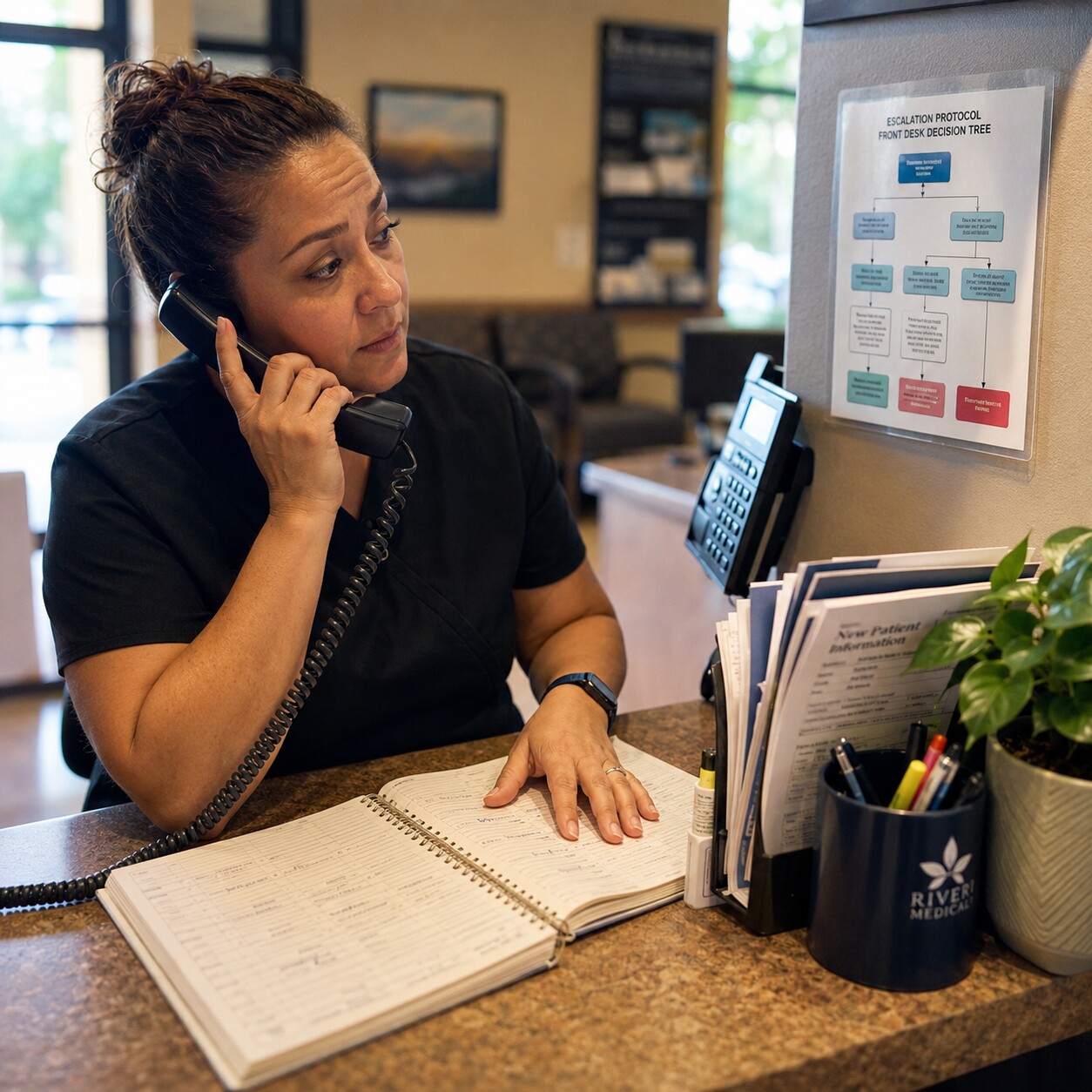 Front desk staff member on a phone call referencing a printed escalation decision-tree card taped beside the phone