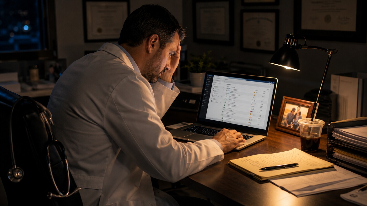 Physician reviewing a list of delegated visit notes awaiting co-signature on a laptop at their desk after hours