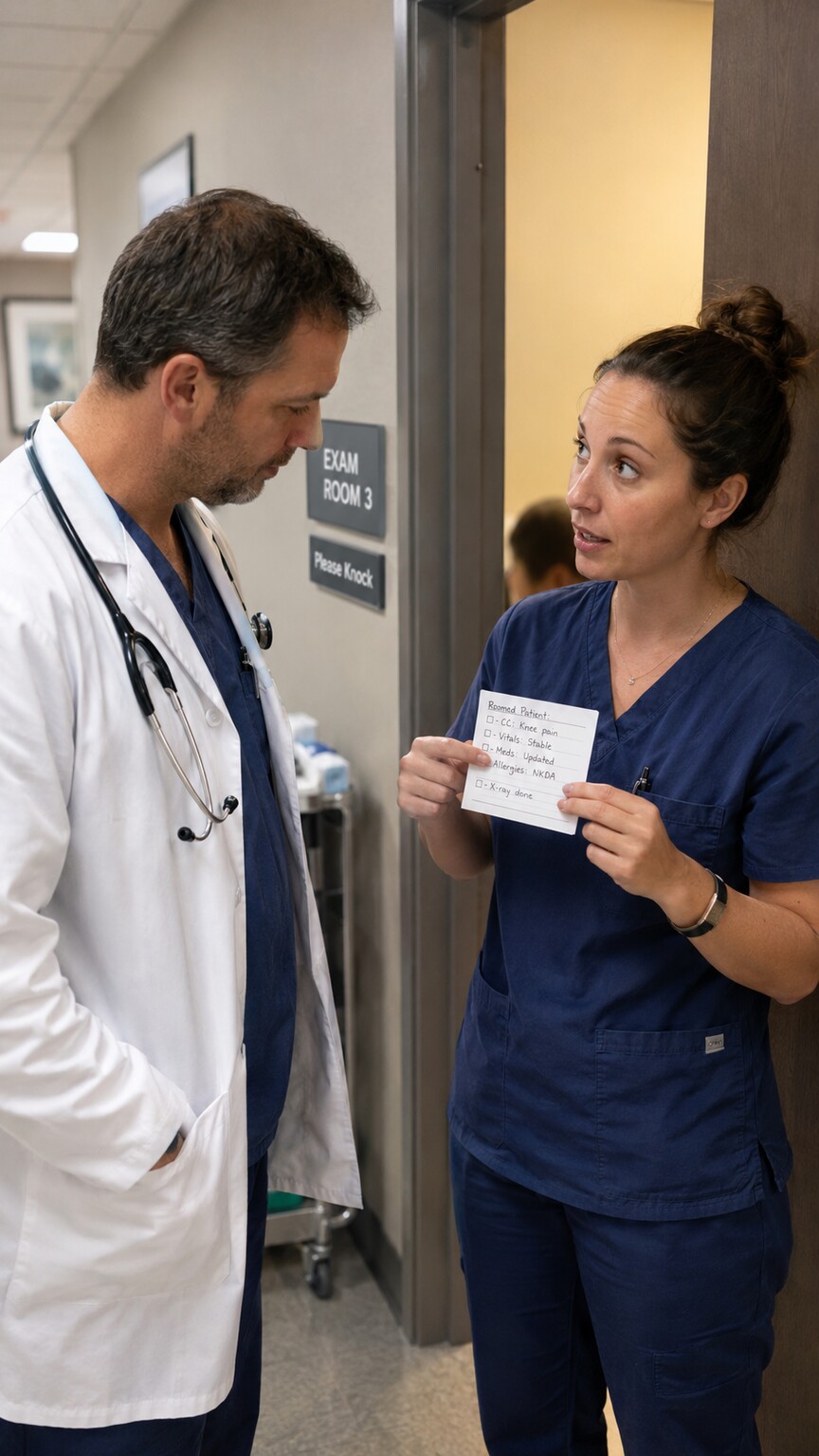 Physician and medical assistant conducting a brief verbal handoff at an exam room door before the physician enters