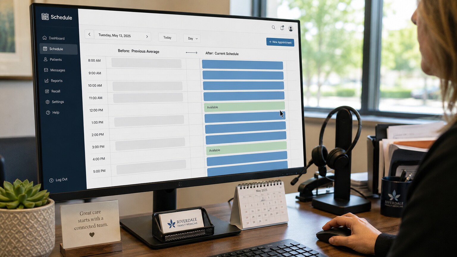 Open appointment schedule on a practice management screen showing additional patient slots created by delegated intake tasks
