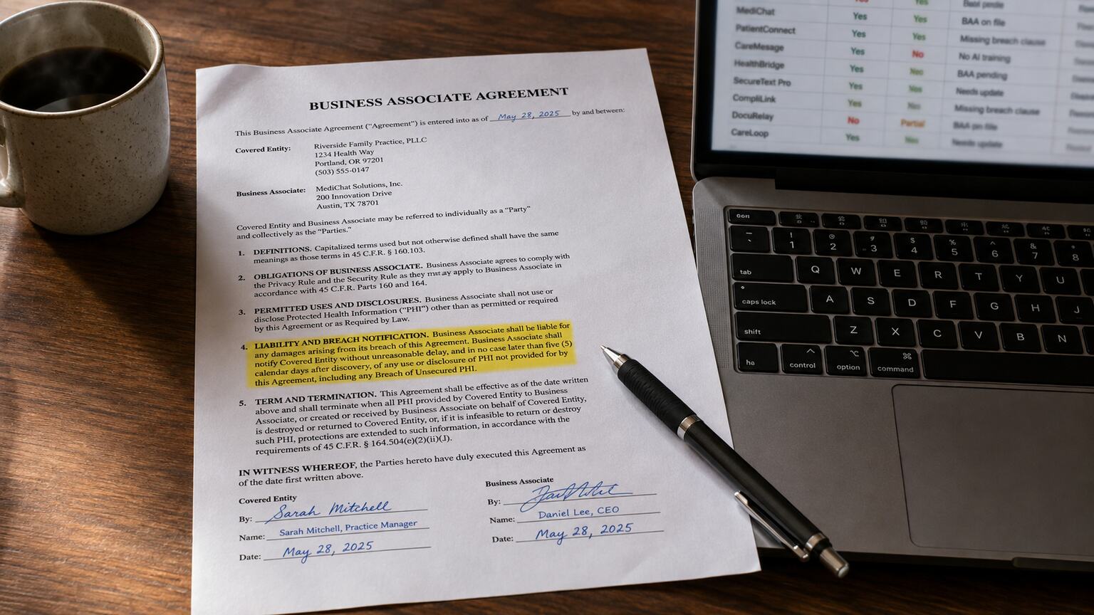 Signed Business Associate Agreement document on a practice manager's desk with the liability clause highlighted in yellow