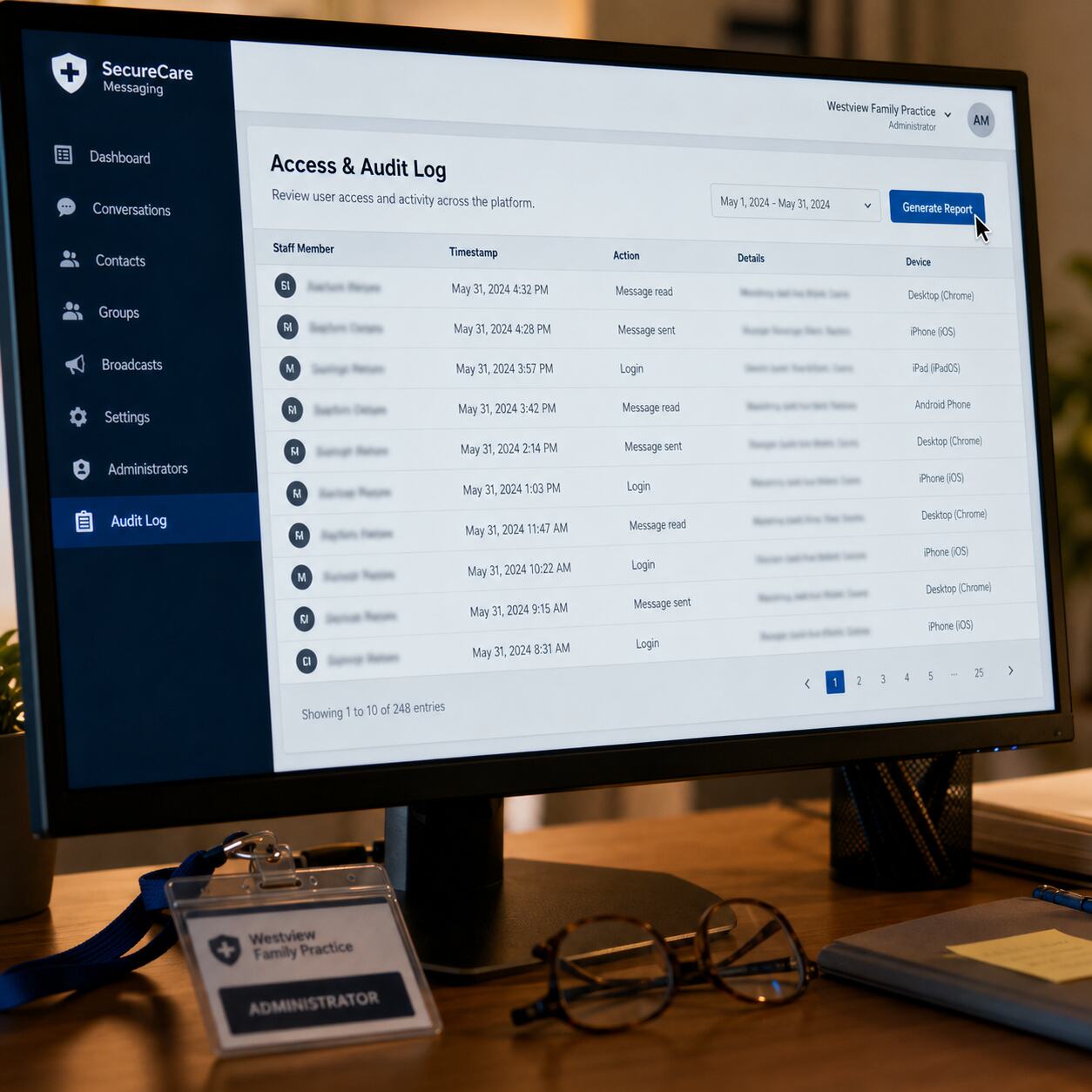 Practice administrator's screen showing an audit log dashboard listing staff logins, message timestamps, and read receipts