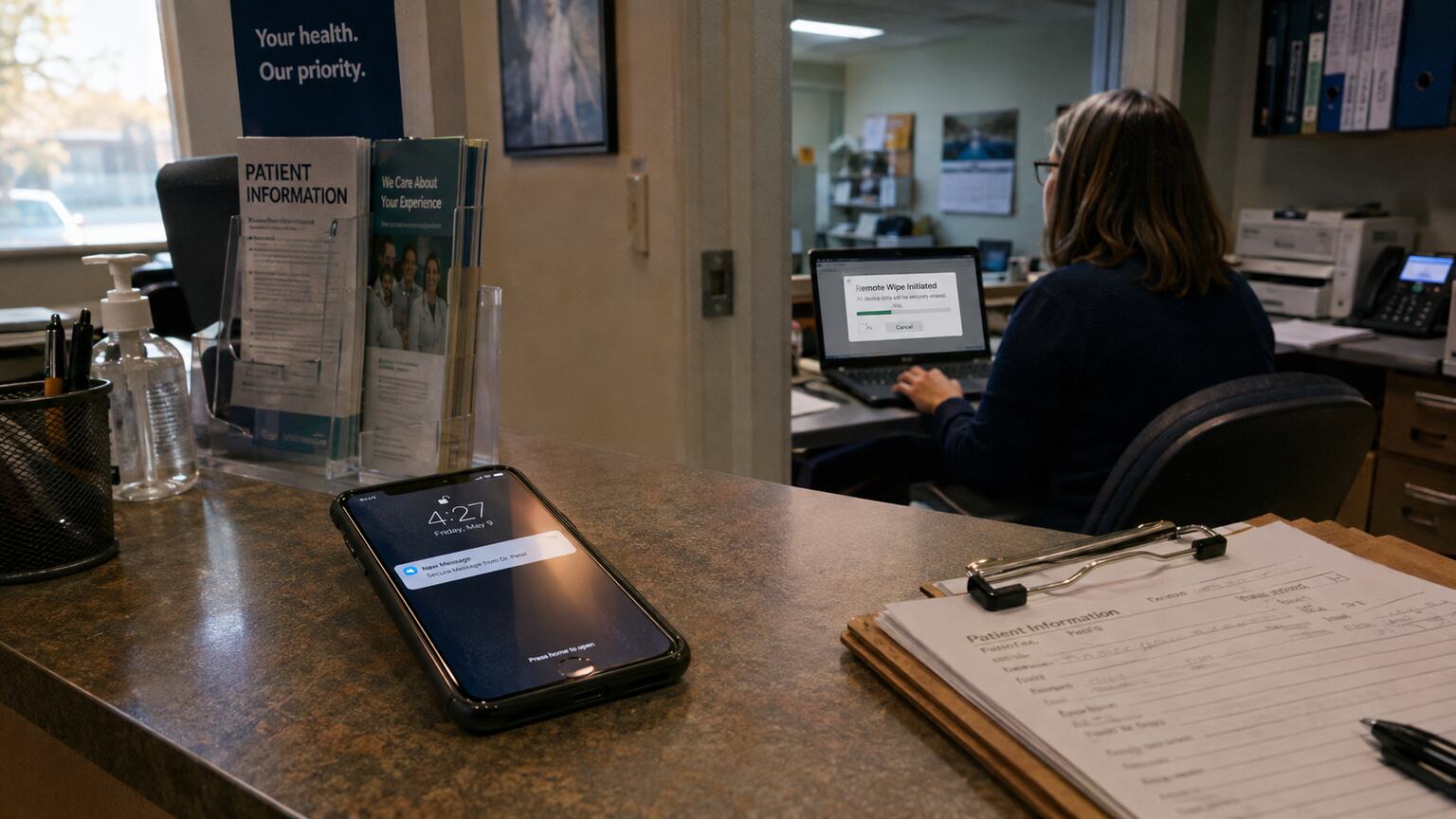 Practice-issued smartphone left unattended on a front desk counter while an administrator initiates a remote data wipe on a laptop nearby