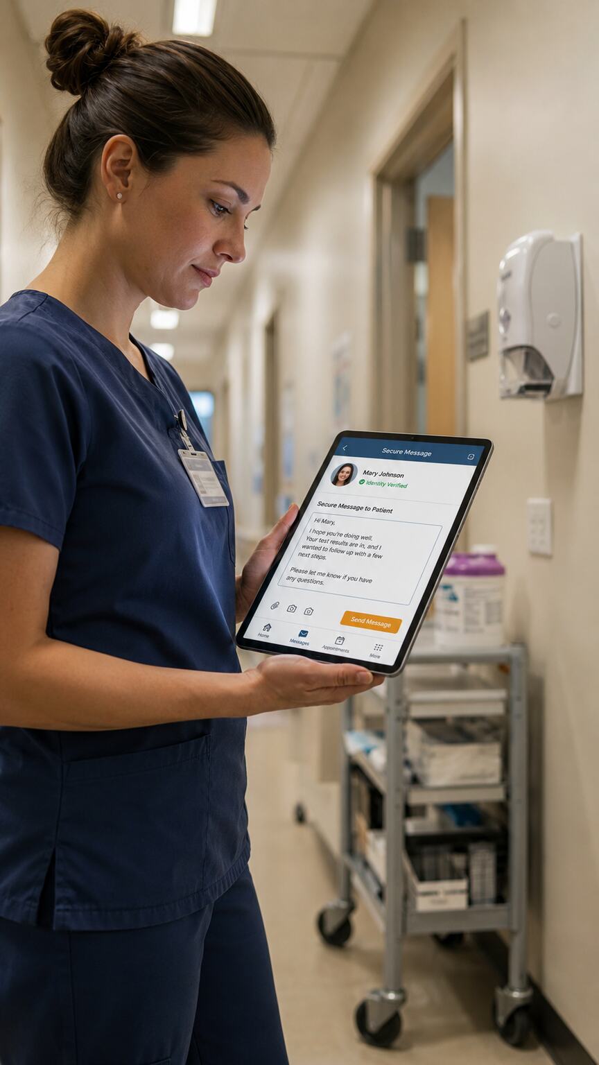 Nurse sending a secure result notification to a patient through a portal messaging interface on a clinic tablet