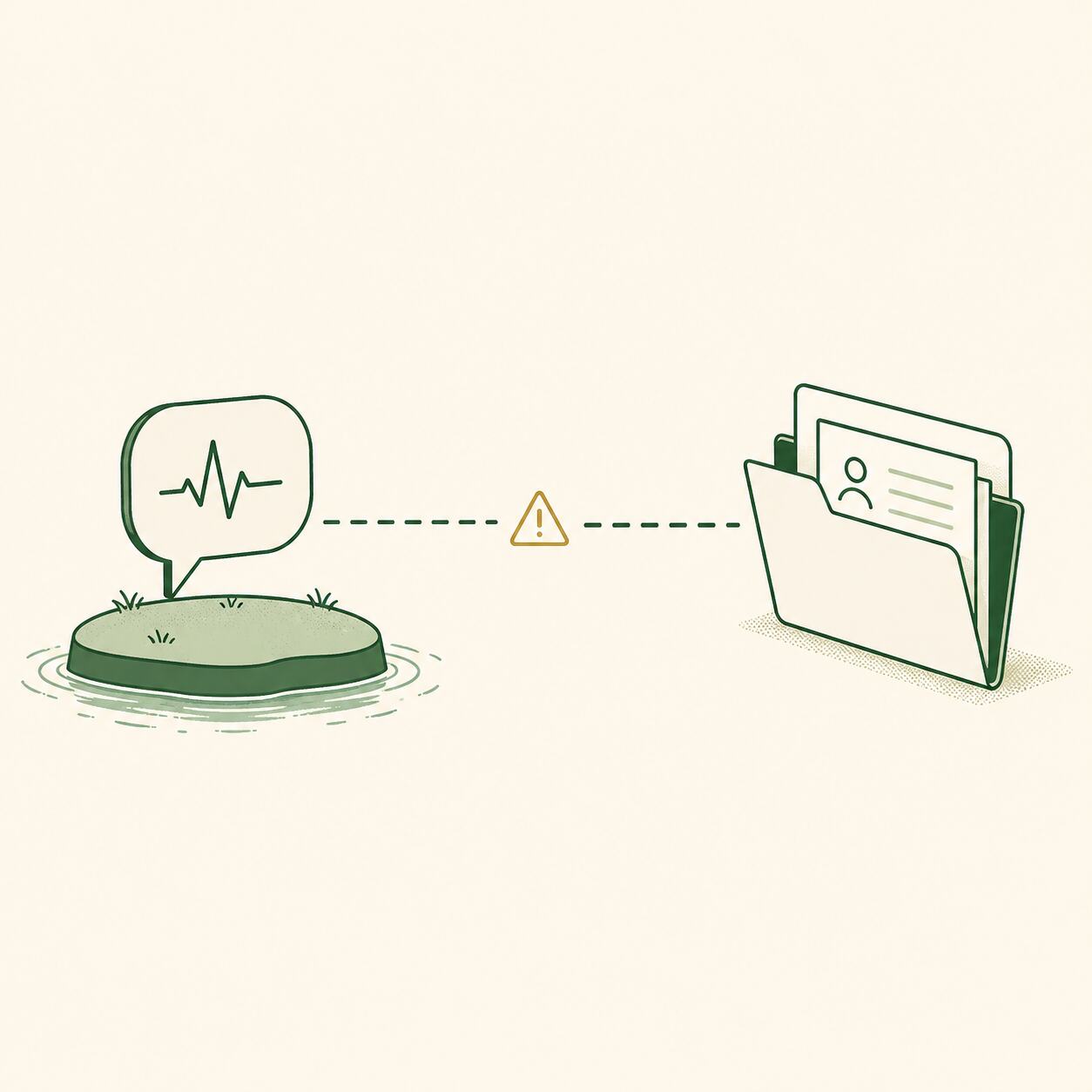 Editorial illustration of a messaging thread existing as a disconnected island beside a patient chart, with a broken line where integration should connect them