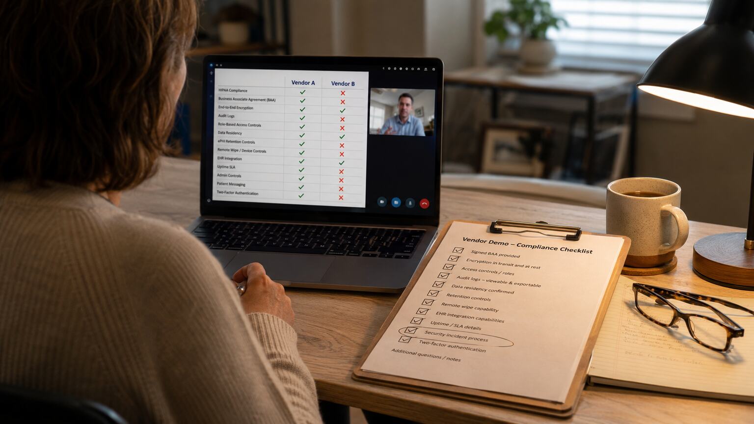 Practice manager on a video call comparing two messaging vendors' compliance answers against a printed checklist on a laptop