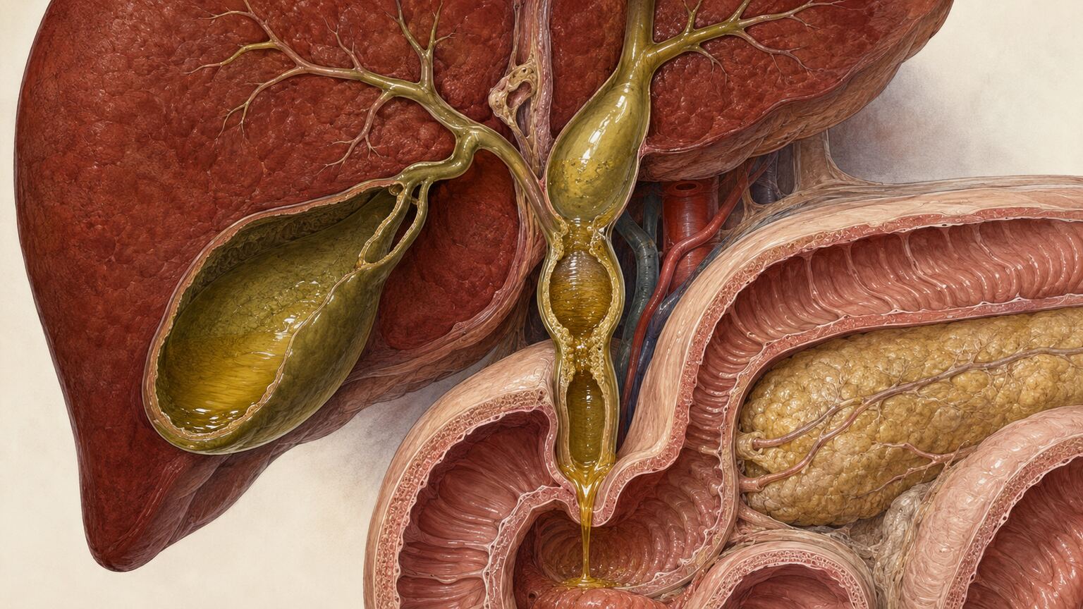Scientific illustration of an obstructed common bile duct with bile backing up and the duct dilated above the blockage