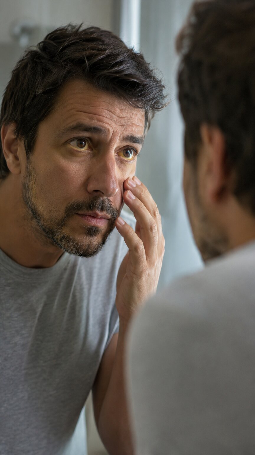 Close-up of a person examining yellowish eyes in a bathroom mirror, a sign of jaundice from a blocked bile duct