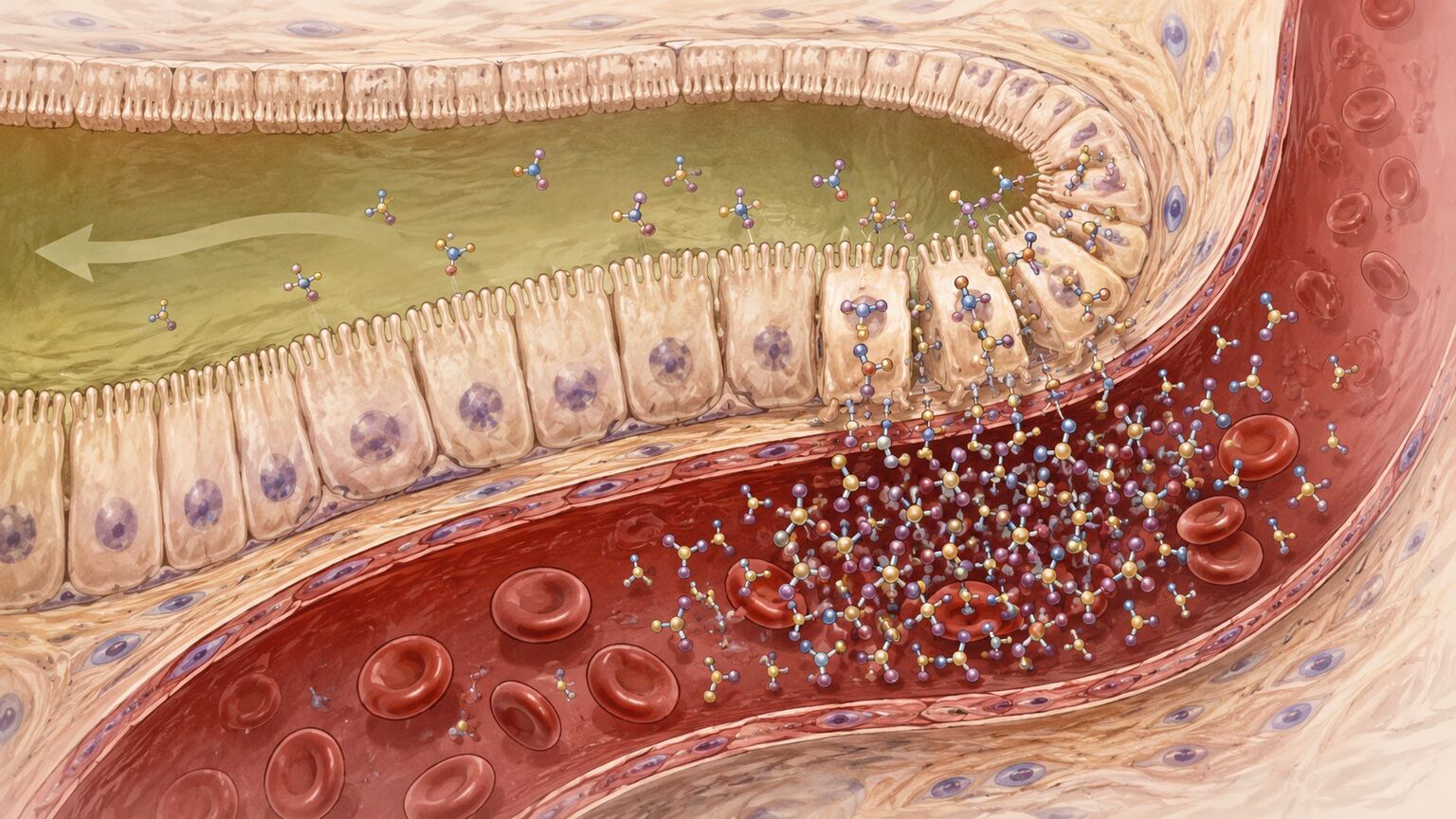 Illustration of bile duct cells releasing CA 19-9 antigen that backs up into the bloodstream instead of the gut