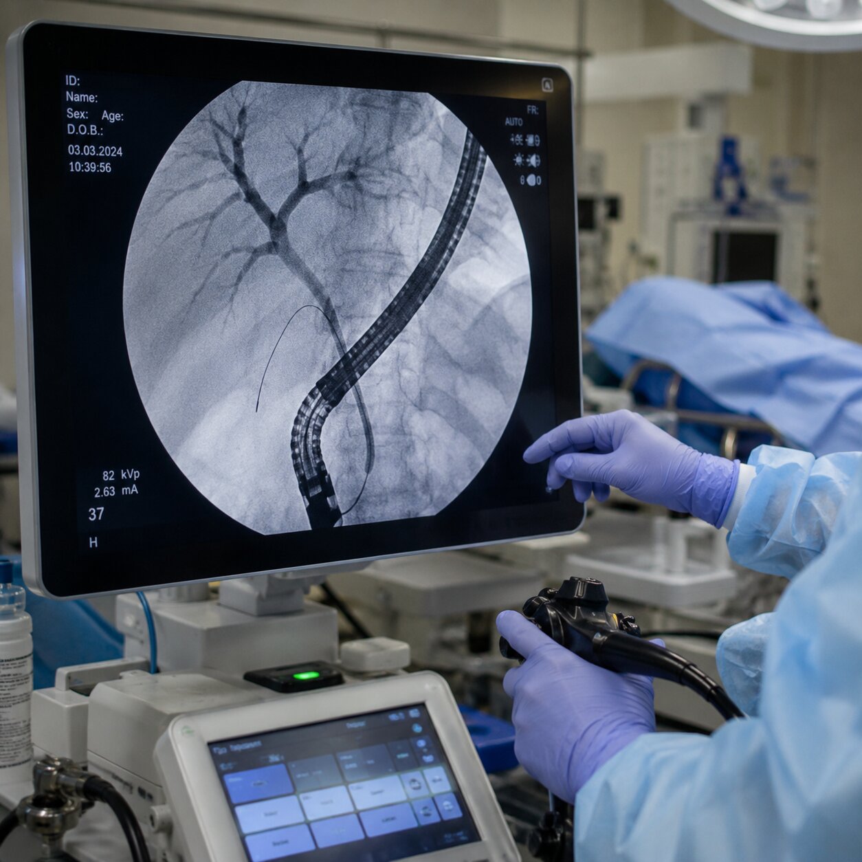 Clinician viewing a fluoroscopy monitor showing the bile duct during an ERCP procedure to locate and relieve a blockage