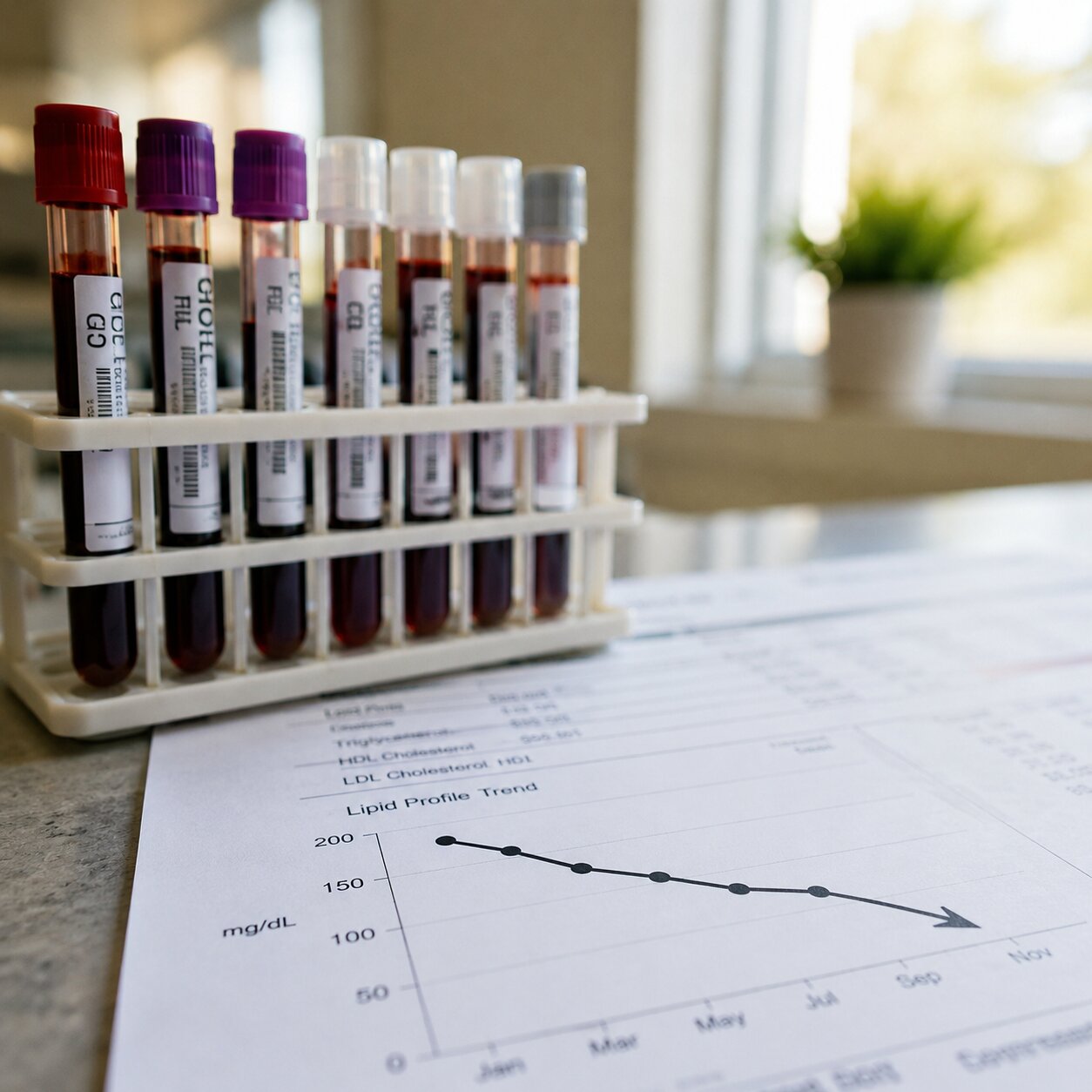 Blood sample tubes beside a printed lab report showing a CA 19-9 level trending downward after treatment