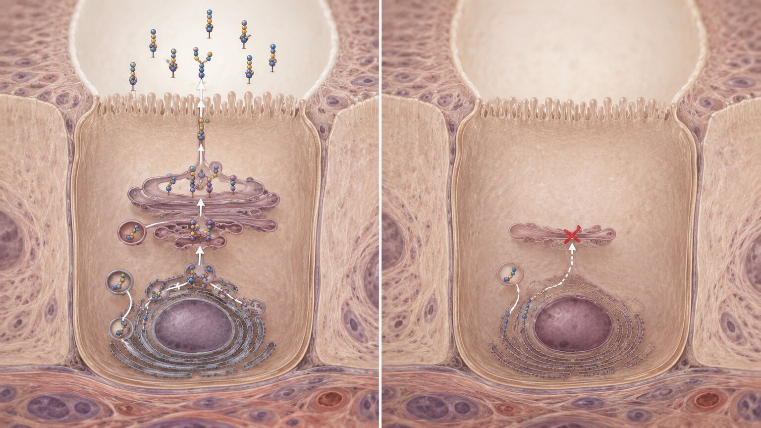Scientific illustration comparing a duct cell producing CA 19-9 antigen with one where the enzyme pathway is blocked