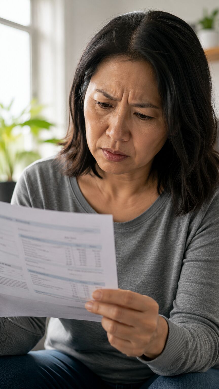 Close-up of a person at home frowning while reading a lab report showing a normal CA 19-9 despite feeling unwell