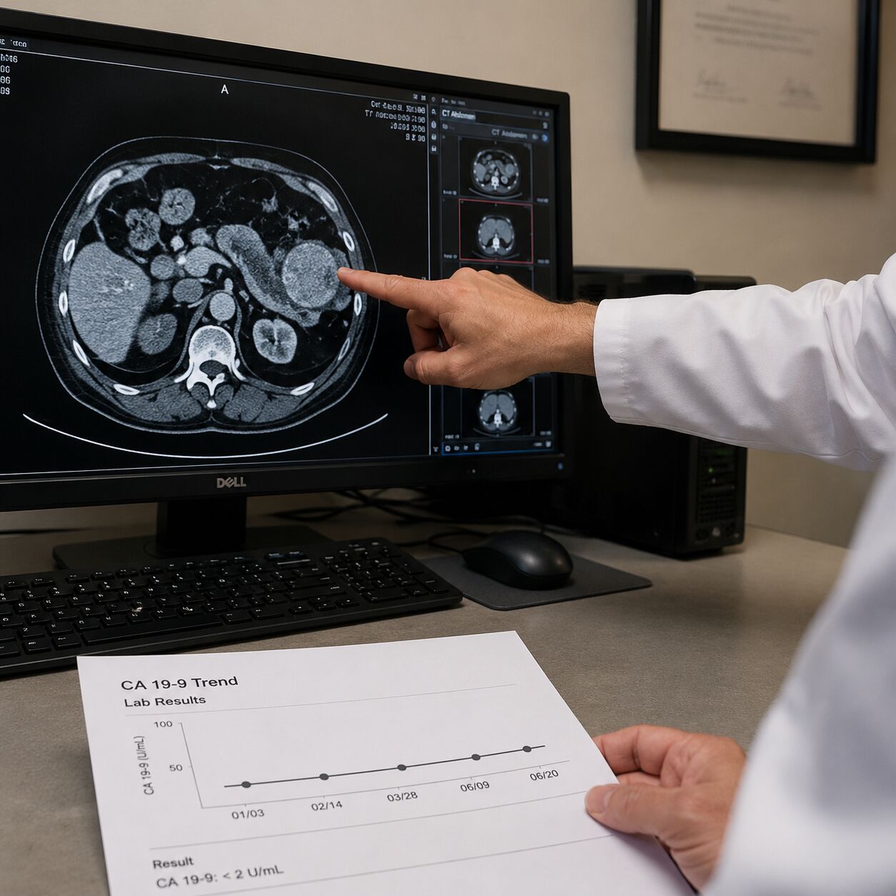 Oncologist pointing to a pancreatic mass on a CT scan monitor beside a printed report showing a flat CA 19-9 trend