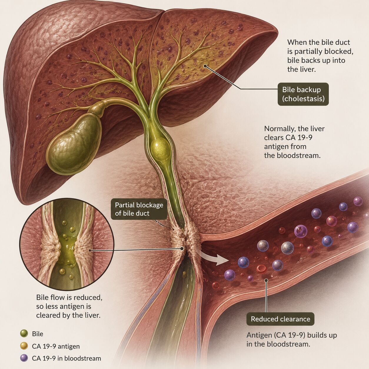Scientific illustration of bile backing up in a blocked duct beside a liver, showing reduced clearance of CA 19-9 antigen