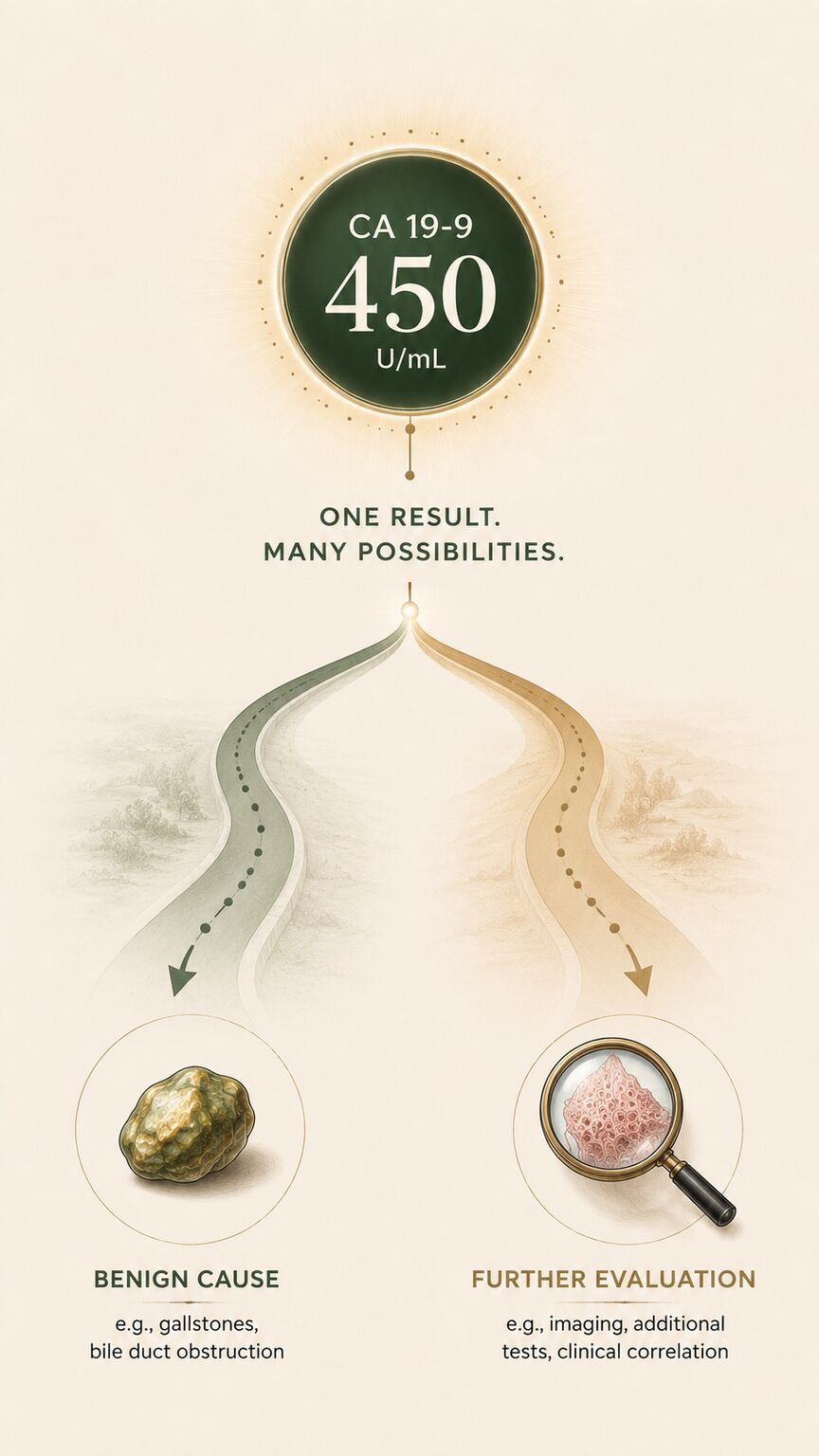 Editorial illustration of a single high lab result value branching into two diverging paths, one labeled benign and one labeled malignant