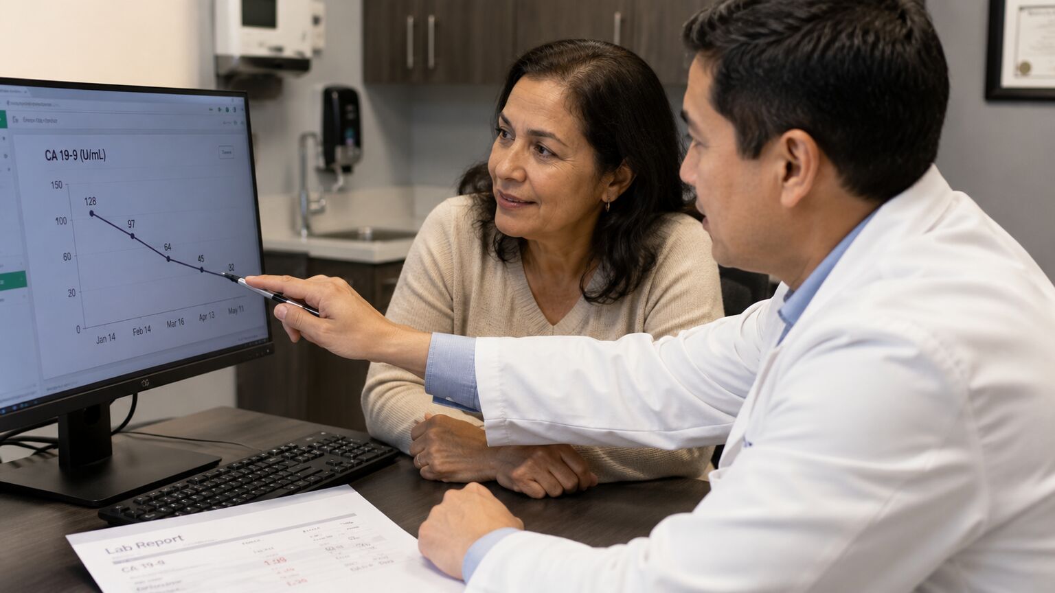 Doctor and patient looking together at a CA 19-9 trend line graph on a screen beside a printed lab report