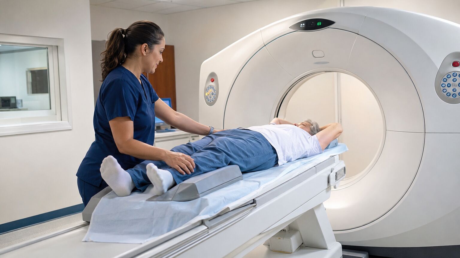 Radiology technologist positioning a patient for a confirmatory CT scan following a rising CA 19-9 result