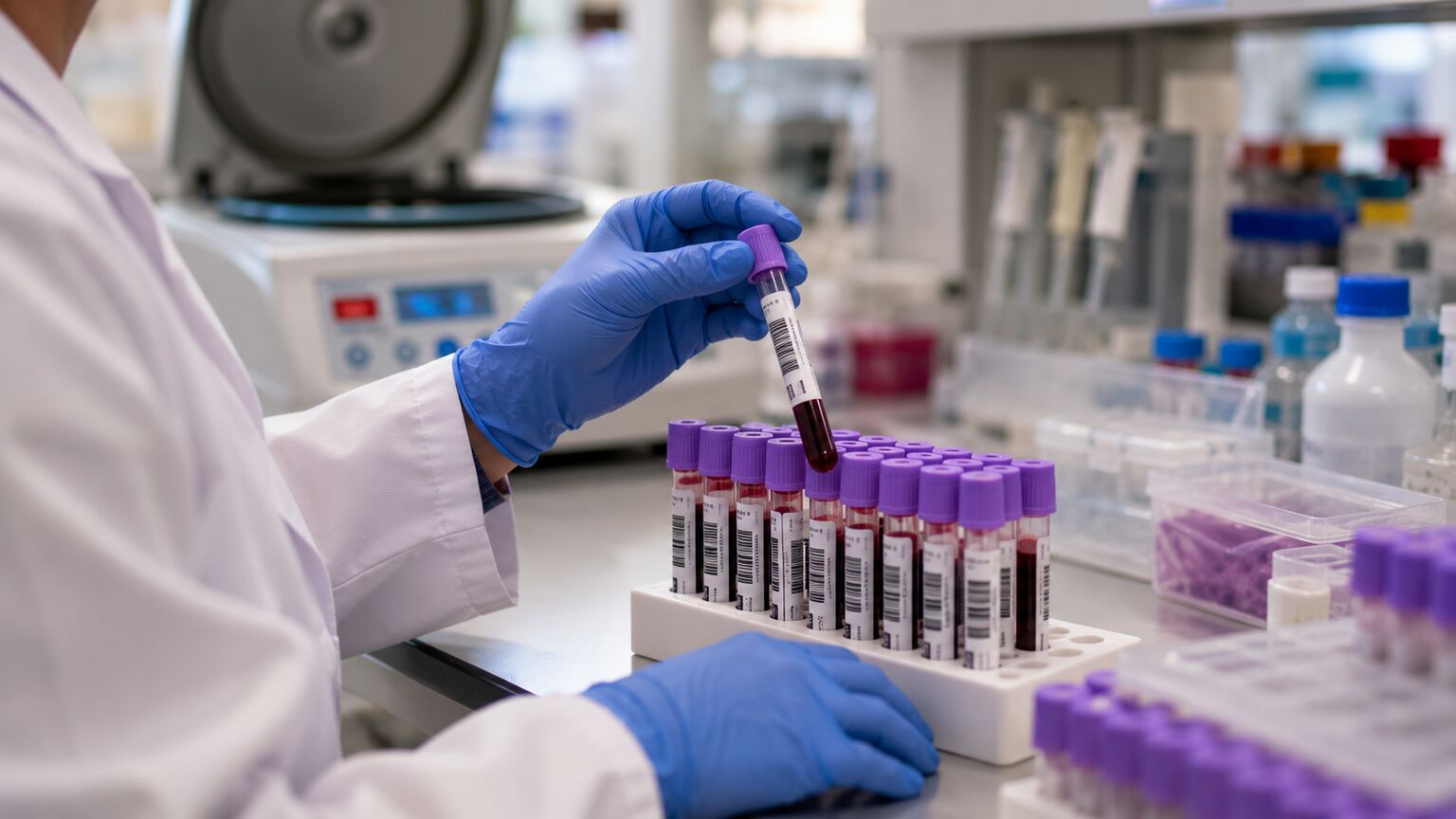 Laboratory technician processing a row of labeled blood sample tubes as part of routine tumor marker testing