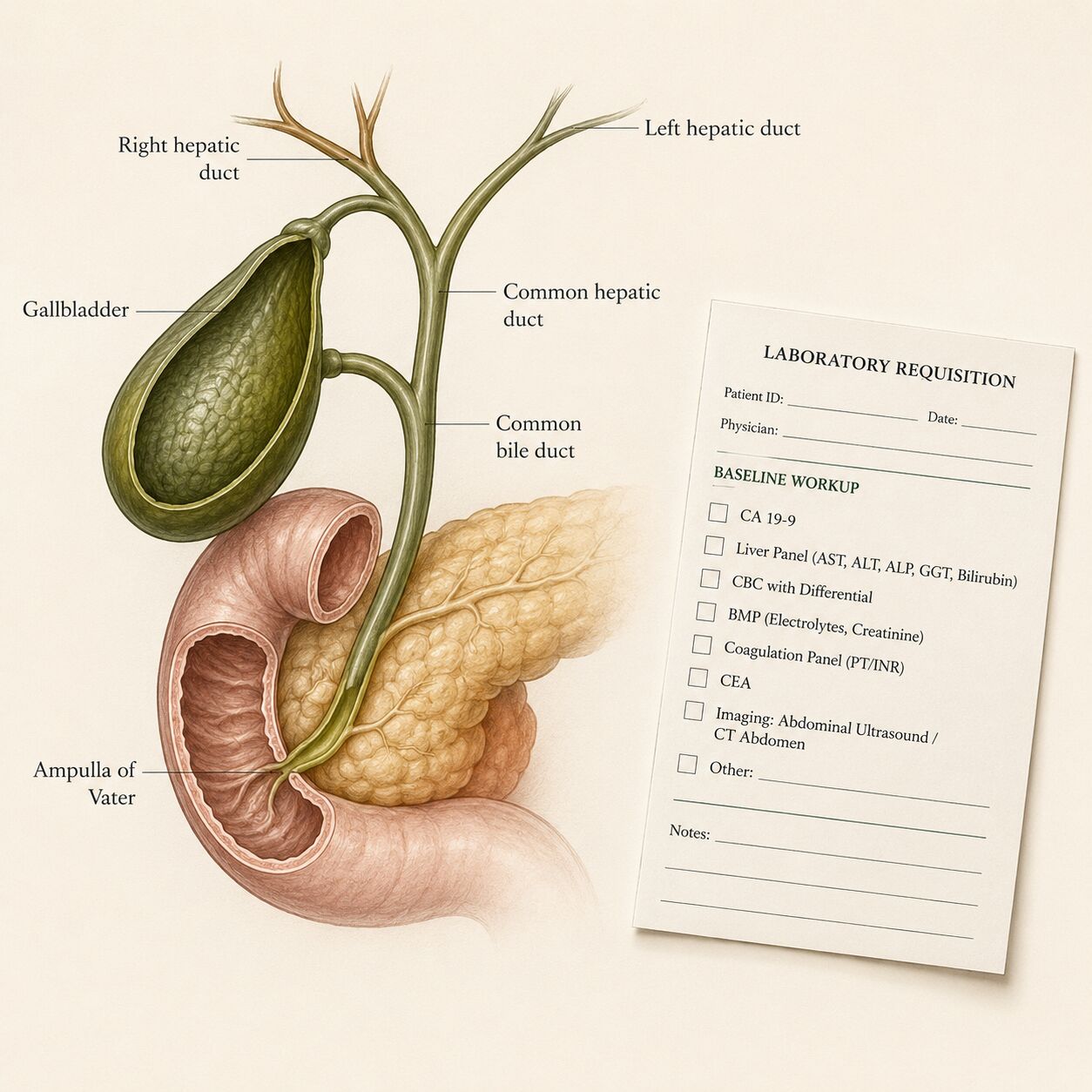 Scientific illustration of the gallbladder and bile duct beside a lab requisition slip labeled for baseline CA 19-9 workup
