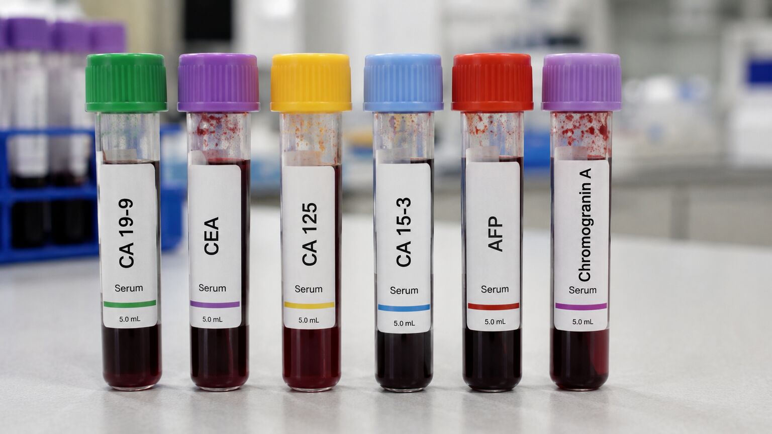 Row of labeled blood sample tubes representing a combined gastrointestinal tumor marker panel including CEA and CA 19-9