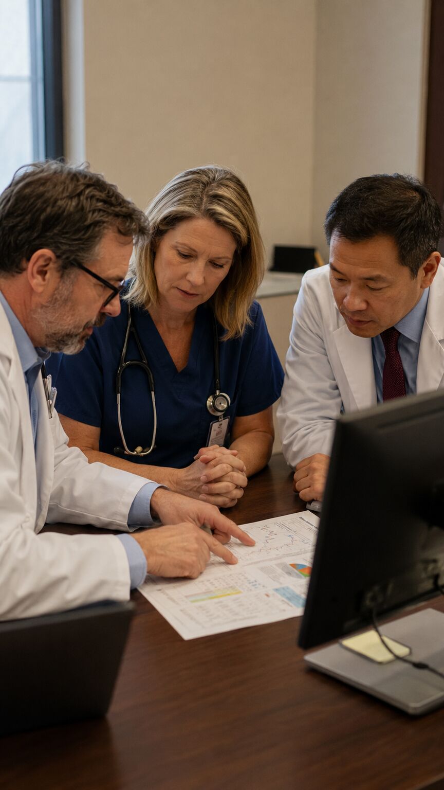 Small multidisciplinary care team reviewing a combined tumor marker and imaging report together around a table