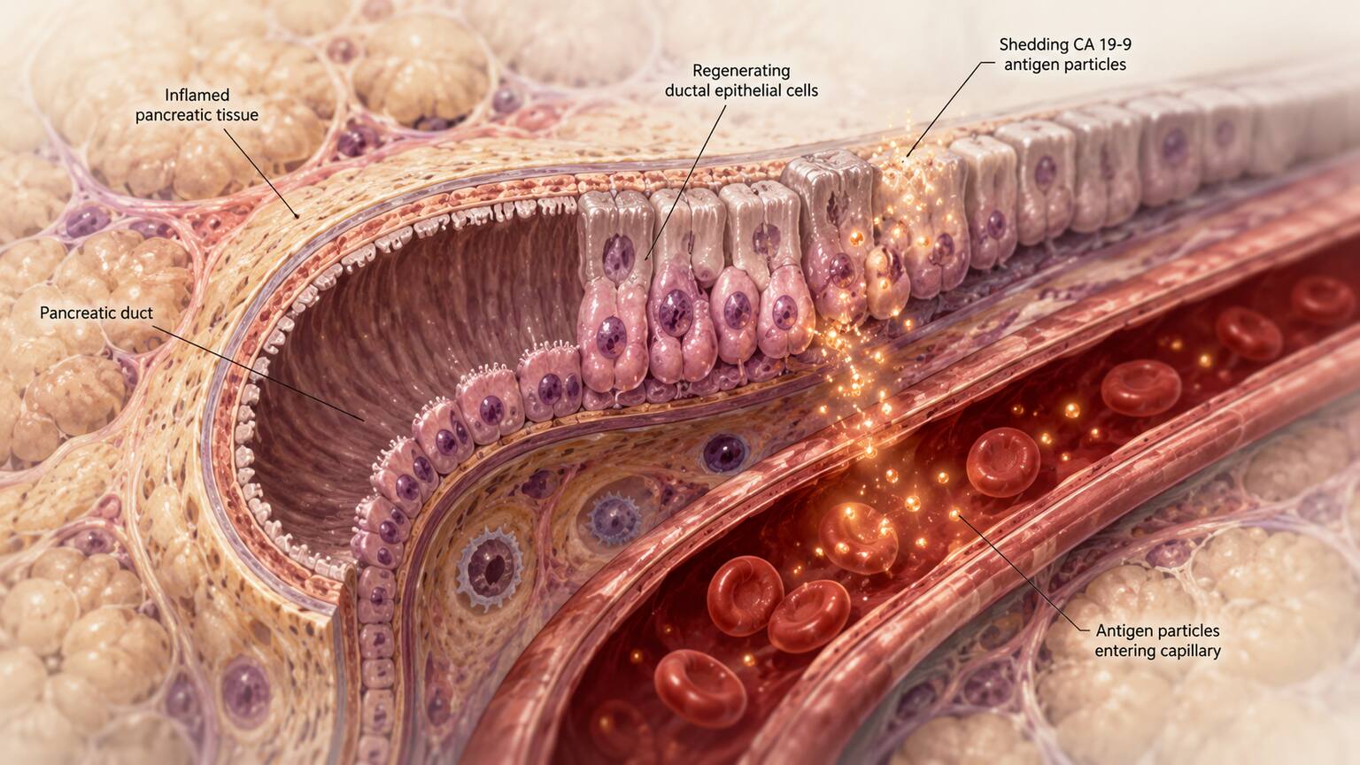 Scientific cross-section illustration of inflamed pancreatic ductal epithelium regenerating and shedding CA 19-9 antigen into a capillary