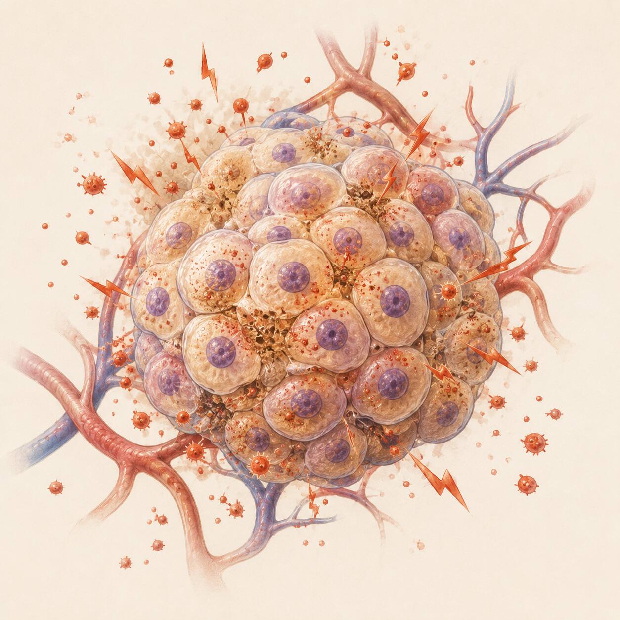 Scientific illustration of pancreatic islet beta cells under oxidative stress from chronic high blood sugar