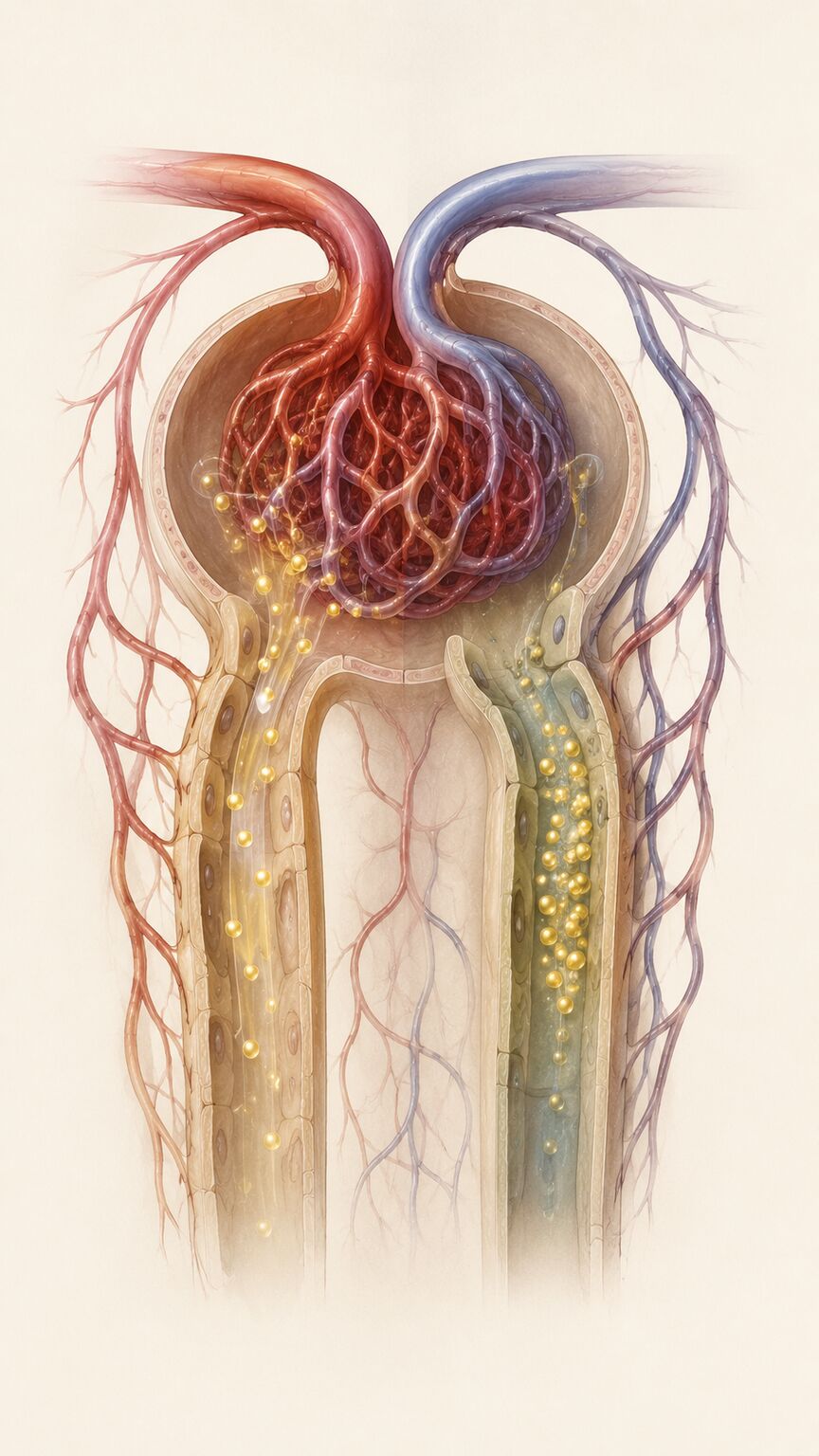 Scientific illustration of a kidney nephron showing reduced filtration affecting clearance of circulating CA 19-9