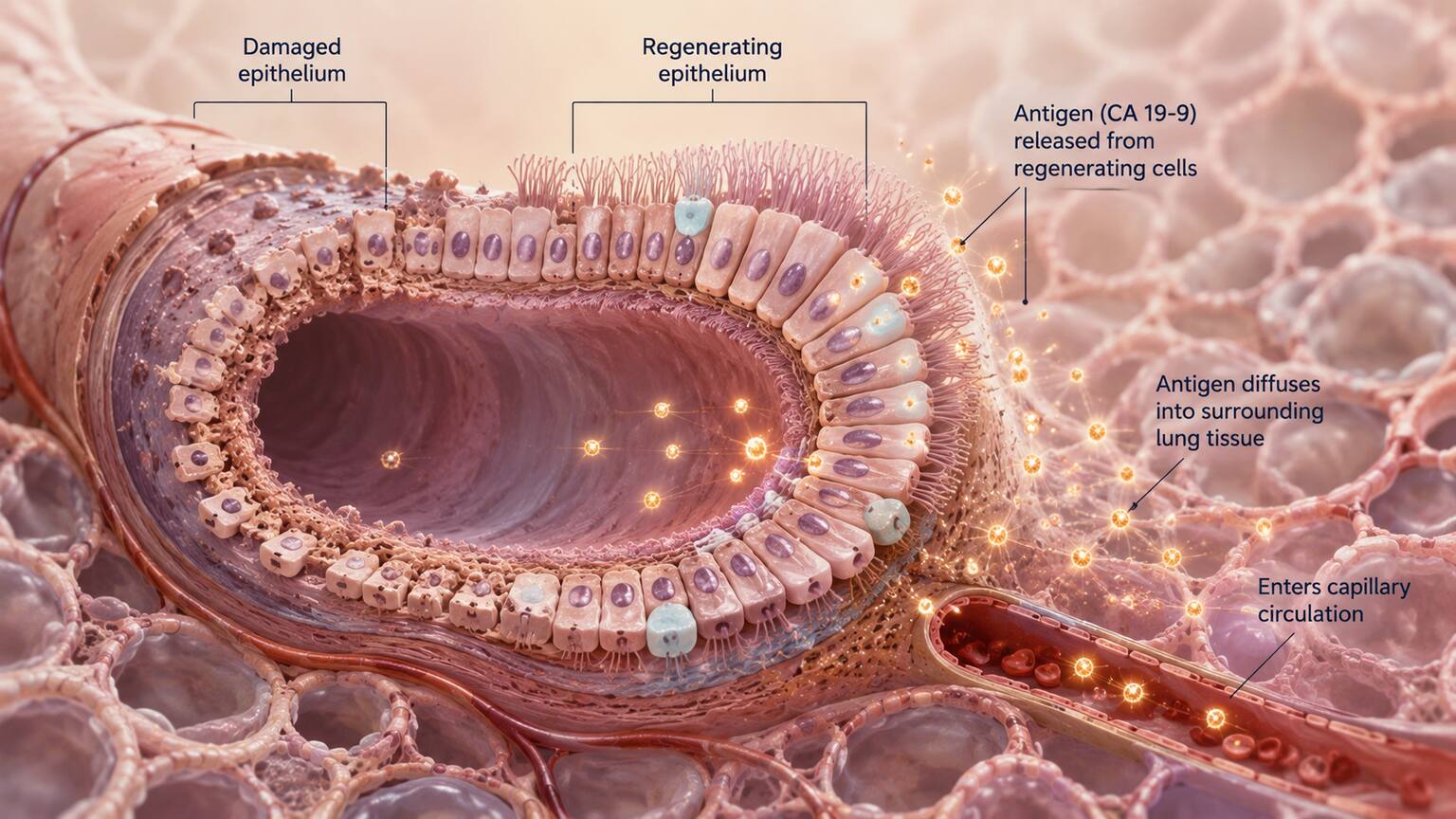 Scientific illustration of damaged bronchial airway epithelium regenerating and releasing CA 19-9 into surrounding lung tissue