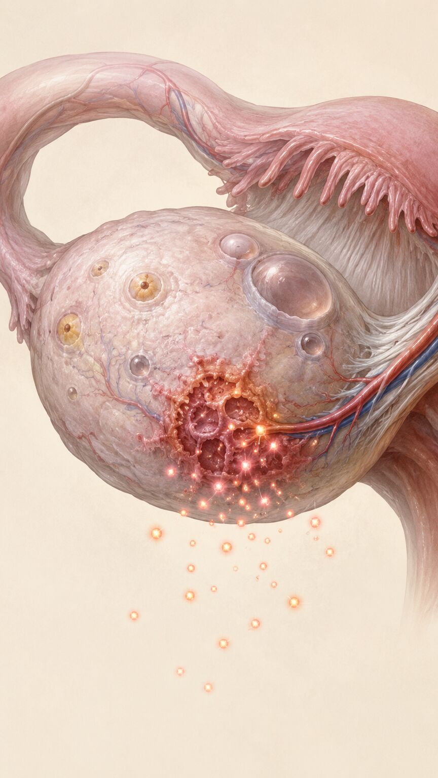 Scientific illustration of ectopic endometrial-like tissue on an ovary actively producing CA 19-9 antigen