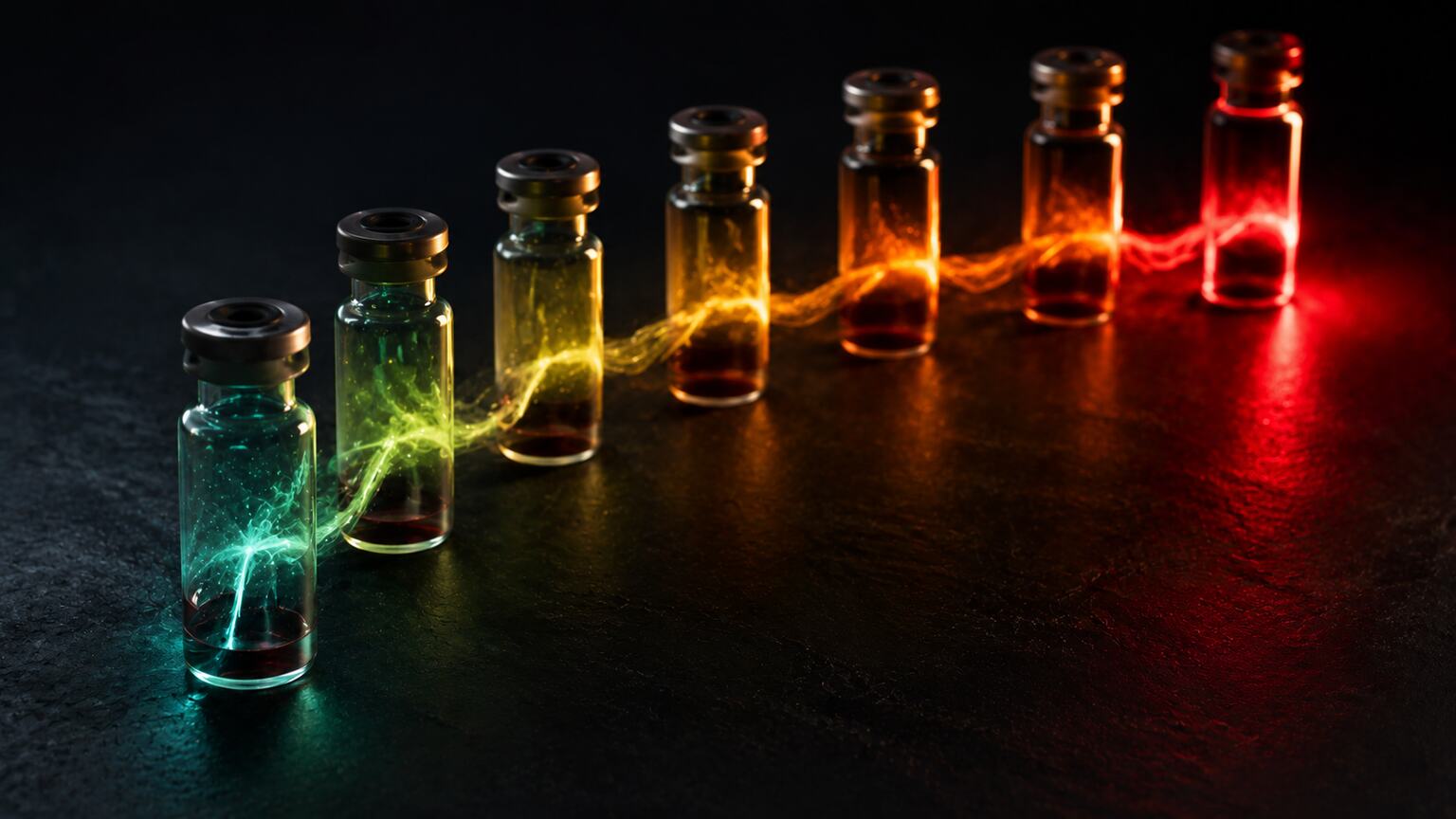 Row of blood sample vials glowing in ascending intensity from cool green to deep red, representing rising CA 19-9 severity thresholds