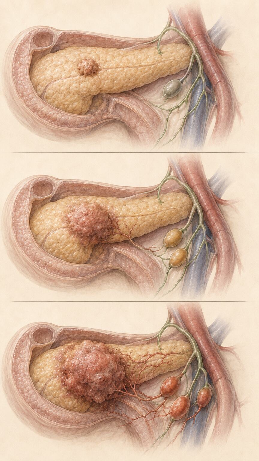 Scientific illustration showing pancreatic tumor stages T1 through T3 with increasing lymph node involvement highlighted