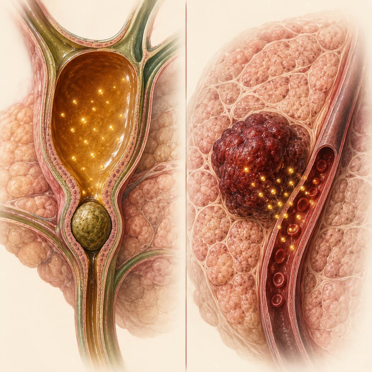 Split scientific illustration comparing a completely obstructed bile duct beside a pancreatic tumor, both capable of producing extremely high antigen levels