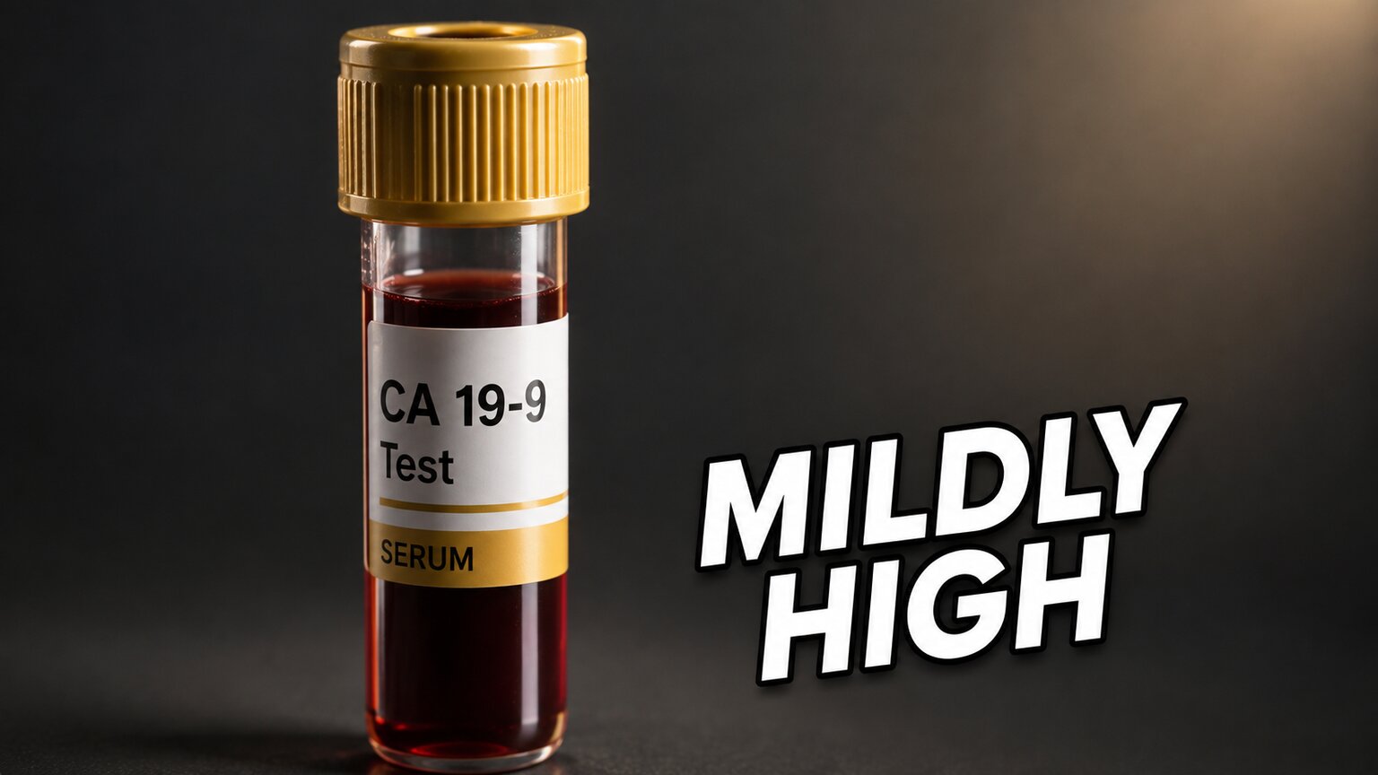Single blood sample tube glowing softly against dark background with bold thumbnail-style MILDLY HIGH text