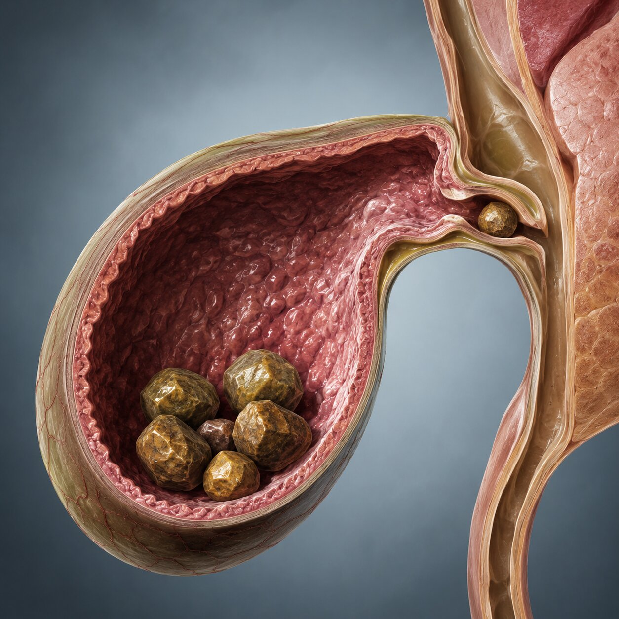 Scientific cross-section illustration of several gallstones sitting inside a gallbladder near the bile duct opening