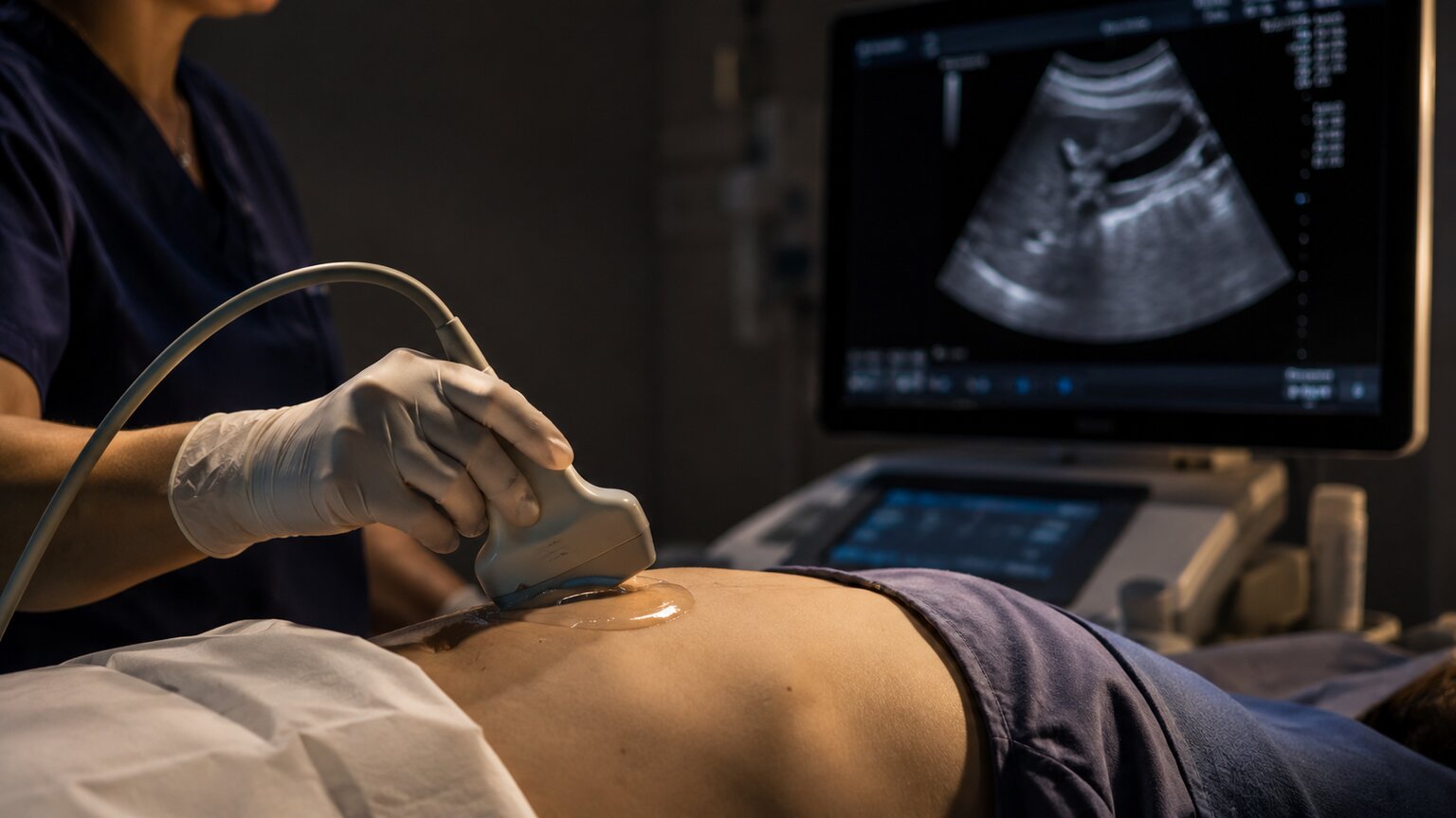 Ultrasound technician's hands guiding a probe across a patient's upper abdomen with a grayscale scan visible on the monitor