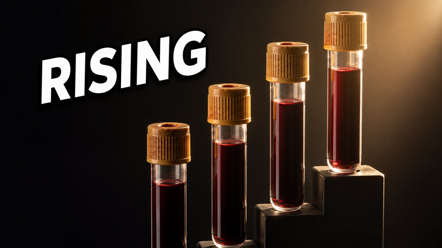 Four blood sample tubes arranged in an ascending staircase pattern with bold RISING text, each tube higher than the last