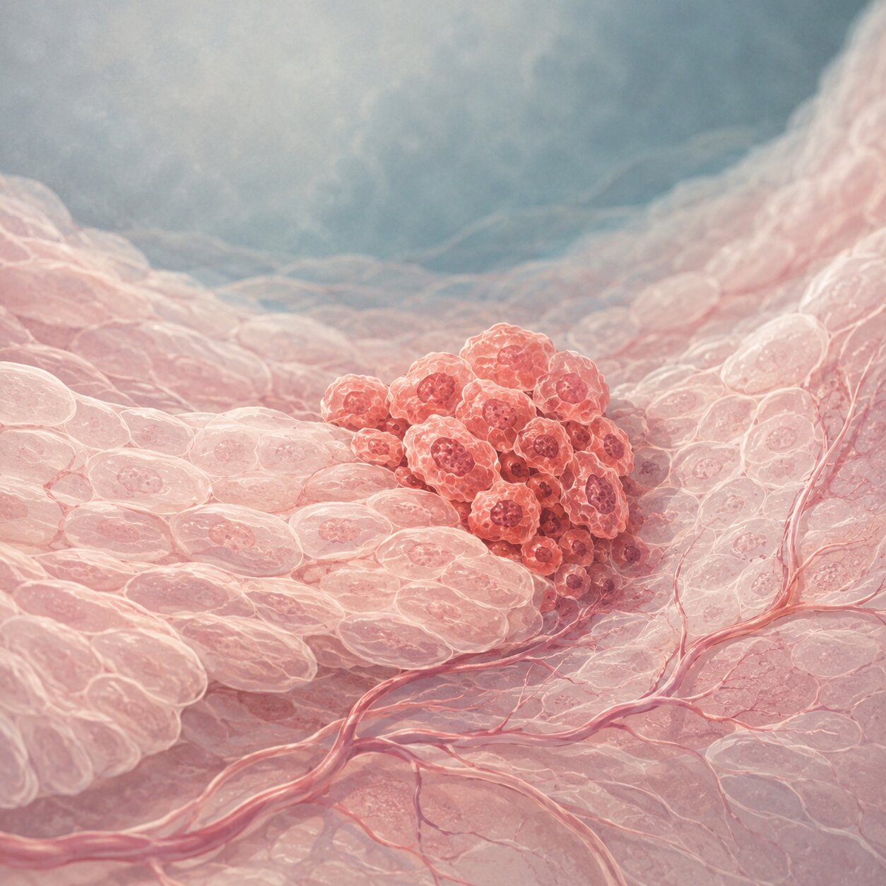 Scientific illustration of a small cluster of cancer cells beginning to regrow along a healed surgical duct margin