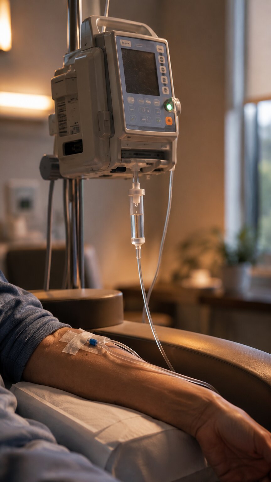 Close-up of a chemotherapy infusion pump and IV line delivering treatment through a patient's arm port