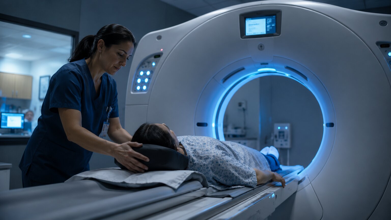 Radiology technologist positioning a patient on a CT scanner table ahead of an abdominal imaging scan