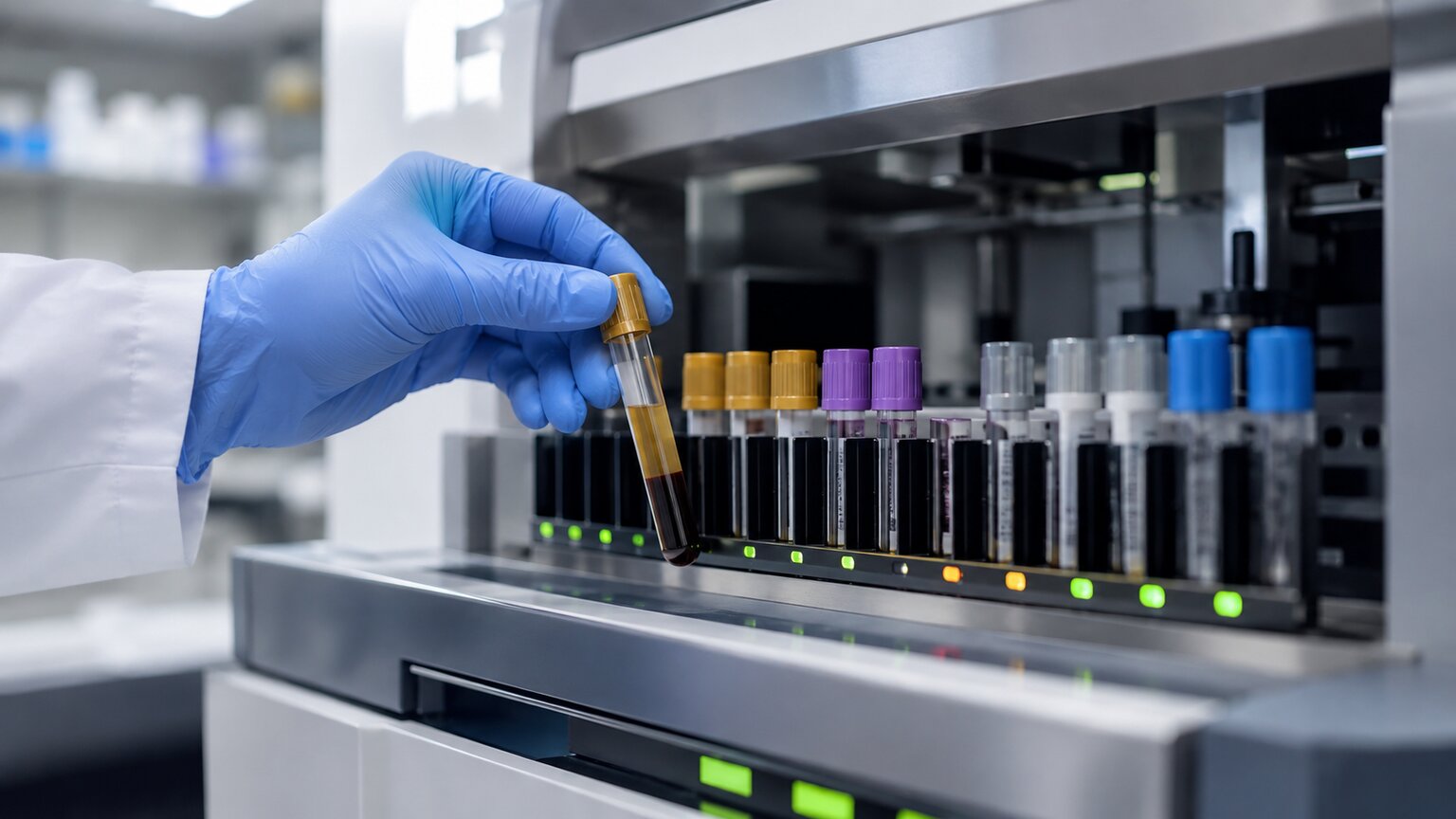 Gloved hand loading a gold-top serum tube into a clinical immunoassay analyzer for CA 19-9 testing